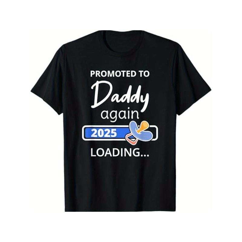 1pc Men'S "Promoted to Daddy Again 2025" T-Shirt - 100% Cotton, Crew Neck, Casual Style, Slight Stretch, Geometric Pattern, All-Season, for Sports & Outdoors, Regular Fit, Black - S-XXXL Made in USA