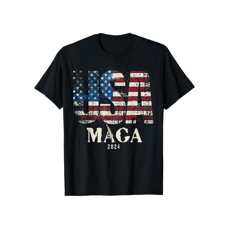 1pc Men'S Basic Cotton T-Shirt with USA Flag And MAGA Print, Crew Neck, Slight Stretch, All-Season Solid Color, Patterned Details, Regular Fit - Perfect for Adults, Sizes S-XXXL made in usa