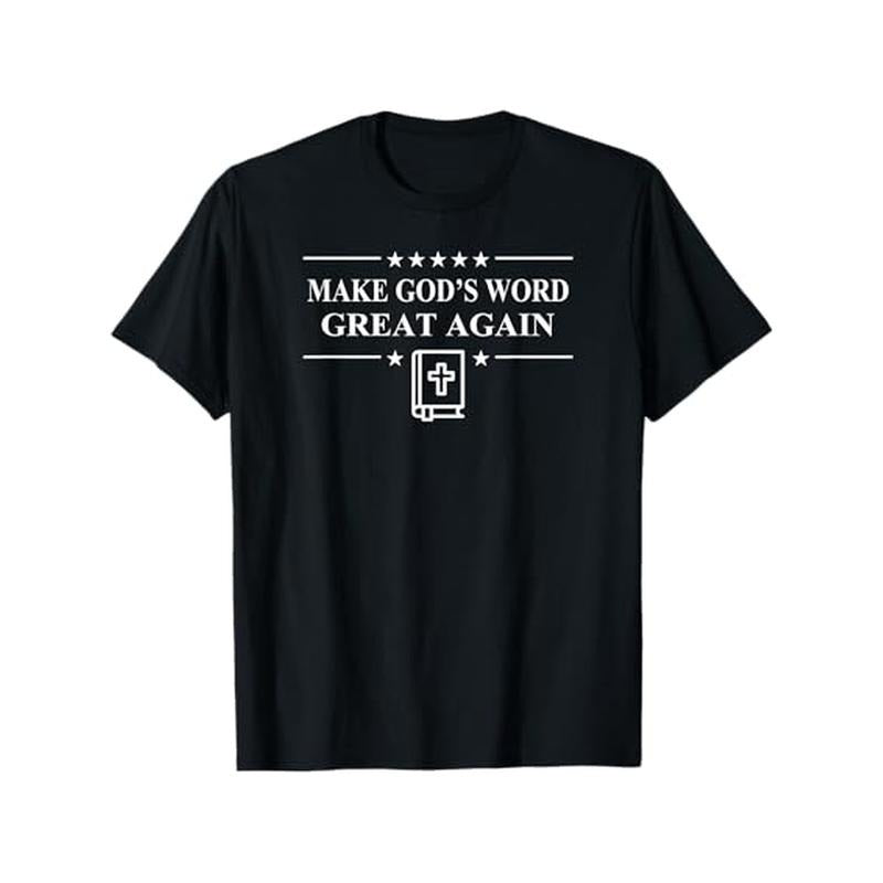 1pc Men'S Basic Cotton T-Shirt, 180gsm 100% Cotton Crew Neck, Slight Stretch, All-Season Loose Fit, Printed "Make God'S Word Great Again" Design, Short Sleeve Tee for Adults made in usa