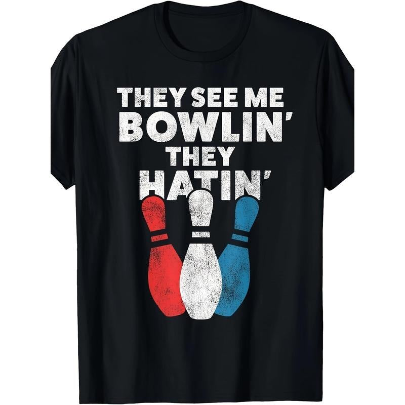 1pc Men'S Bowling Themed Cotton T-Shirt, 180gsm High Stretch Knit Fabric, Crew Neck, Short Sleeve, Regular Fit, Digital Heat Transfer Design, Casual Party Tee for Bowlers, All-Season made in usa