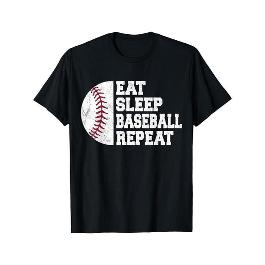 1pc Men'S Casual Cotton T-Shirt with "Eat Sleep Baseball Repeat" Slogan, Crew Neck, All-Season Comfort, Slight Stretch Knit Fabric, Loose Fit, Baseball Player Humor Tee made in usa