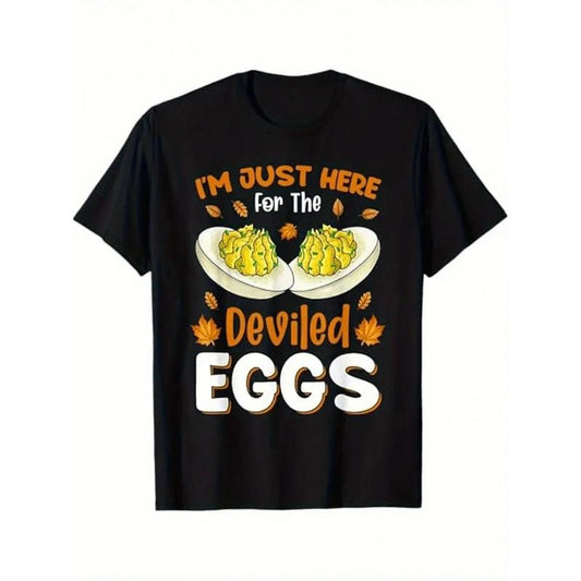 1pc Men'S Casual Cotton T-Shirt with "I'm Just Here for The Deviled Eggs" Print, Crew Neck, Slight Stretch, All-Season Knit Fabric, Regular Fit, Color Block Alphabet Pattern - Thanksgiving Humor Tee made in usa