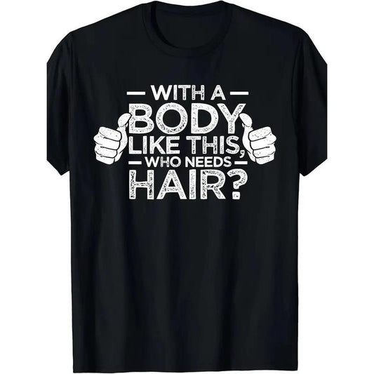 1pc Men'S Casual Cotton T-Shirt with "With a Body Like This, Who Needs Hair?" Print, Crew Neck, Short Sleeve, Slight Stretch, Loose Fit, All-Season Knit Fabric, Weekend Street Style Tee made in usa