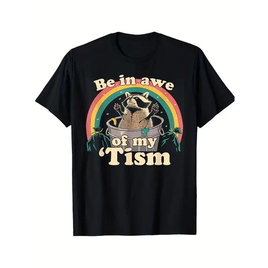 1pc Men'S Casual Cotton T-Shirt with Autistic Raccoon Print, Crew Neck, Knit Fabric, Non-Stretch, All-Season, Regular Fit - "Be in Awe of My 'Tism" Meme Design, Black Short Sleeve Tee made in usa