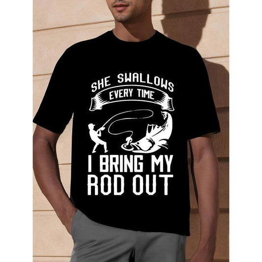 1pc Men'S Casual Cotton T-Shirt with Slight Stretch, Crew Neck, Geometric-Patterned Applique, Sports & Outdoor Themed, Regular Fit, Four Seasons Top for Fishing Enthusiasts Made in USA