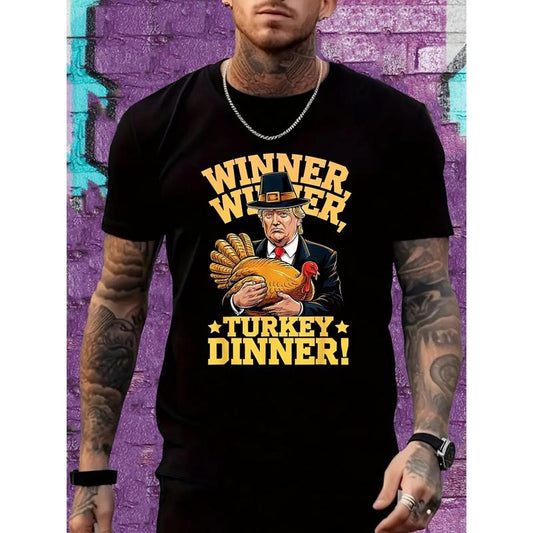 1pc Men'S Casual Crew Neck T-Shirt with Trump Turkey Print, 100% Cotton, Short Sleeve, Regular Fit, All-Season Comfort - 220gsm Knit Fabric made in usa