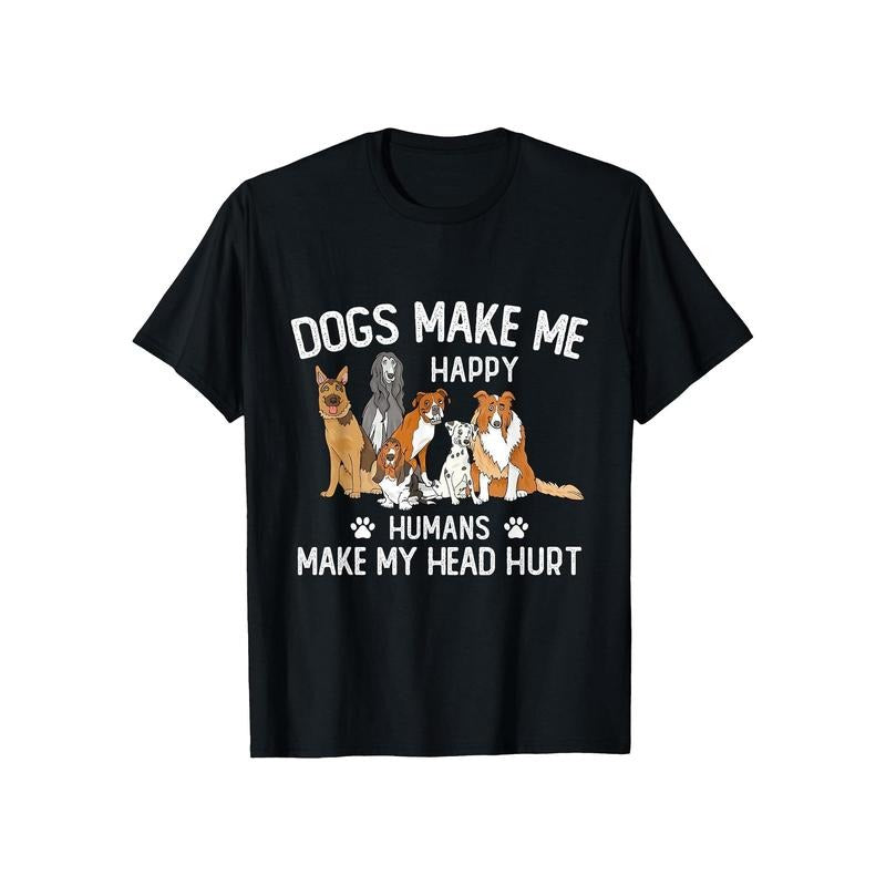 1pc Men'S Casual Round Neck T-Shirt - Dogs Make Me Happy, Humans Make My Head Hurt - Summer Cotton Tee with Geometric Dog Print - Regular Fit, Stretch Fabric - Funny Gift for Dog Lovers made in usa