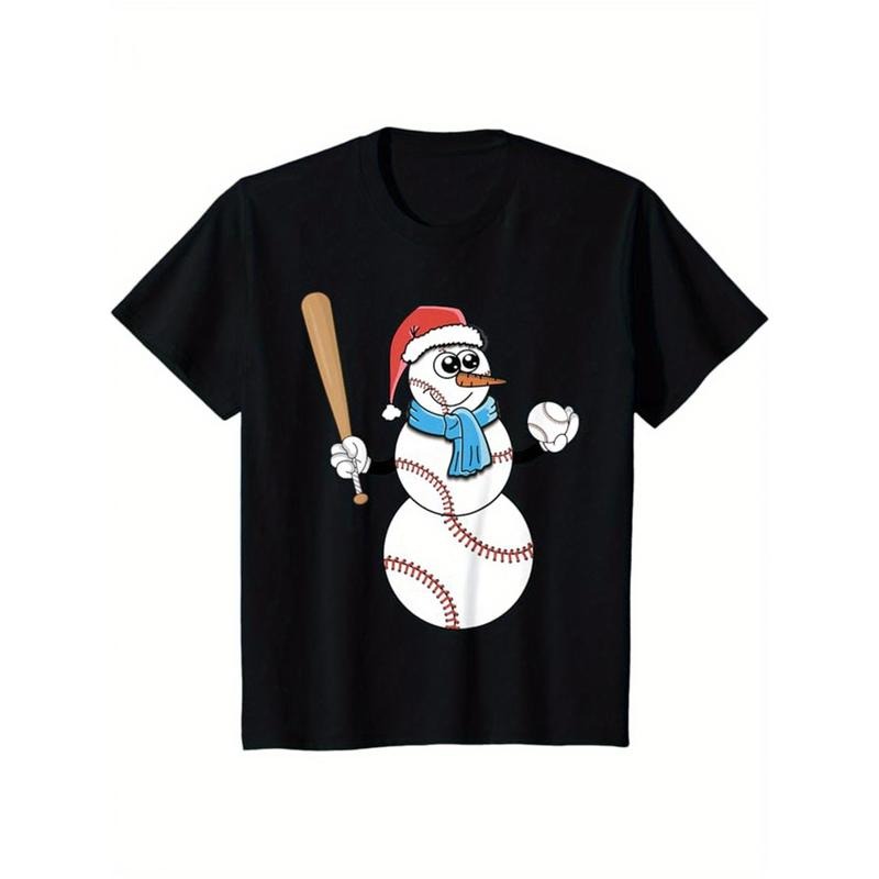 1pc Men'S Christmas Snowman Baseball Bat Print T-Shirt - 100% Cotton, Casual Crew Neck, Short Sleeve, Boho Style, Loose Fit, Graphic Tee for All Seasons - Gift for Men made in usa