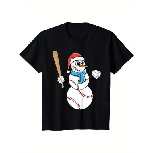 1pc Men'S Christmas Snowman Baseball Bat Print T-Shirt - 100% Cotton, Casual Crew Neck, Short Sleeve, Boho Style, Loose Fit, Graphic Tee for All Seasons - Gift for Men made in usa