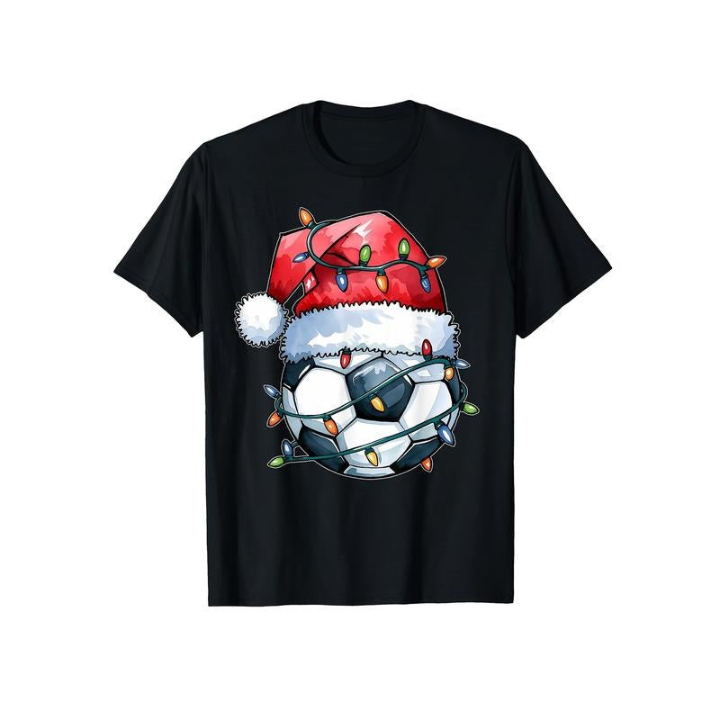 1pc Men'S Christmas Soccer Ball T-Shirt with Santa Hat and Lights - Casual Crew Neck Short Sleeve Knit Fabric Tee, Cotton Blend, Skinny Fit, Festive Holiday Pattern, Summer Season - Weekend Casual Wear made in usa