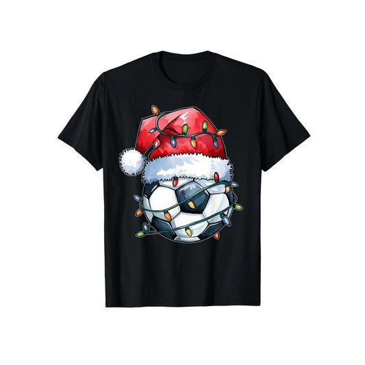1pc Men'S Christmas Soccer Ball T-Shirt with Santa Hat and Lights - Casual Crew Neck Short Sleeve Knit Fabric Tee, Cotton Blend, Skinny Fit, Festive Holiday Pattern, Summer Season - Weekend Casual Wear made in usa