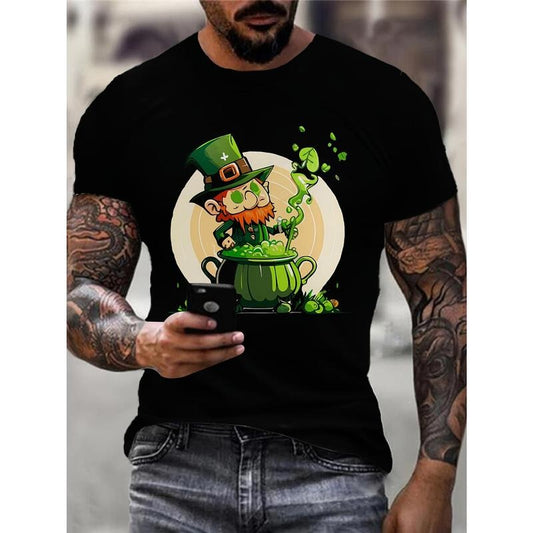 1pc Men'S St. Patrick'S Day Themed T-Shirt, Casual Crew Neck, Cotton Knit Fabric with Slight Stretch, Regular Fit, Green Hat Leprechaun Print Design Made in USA