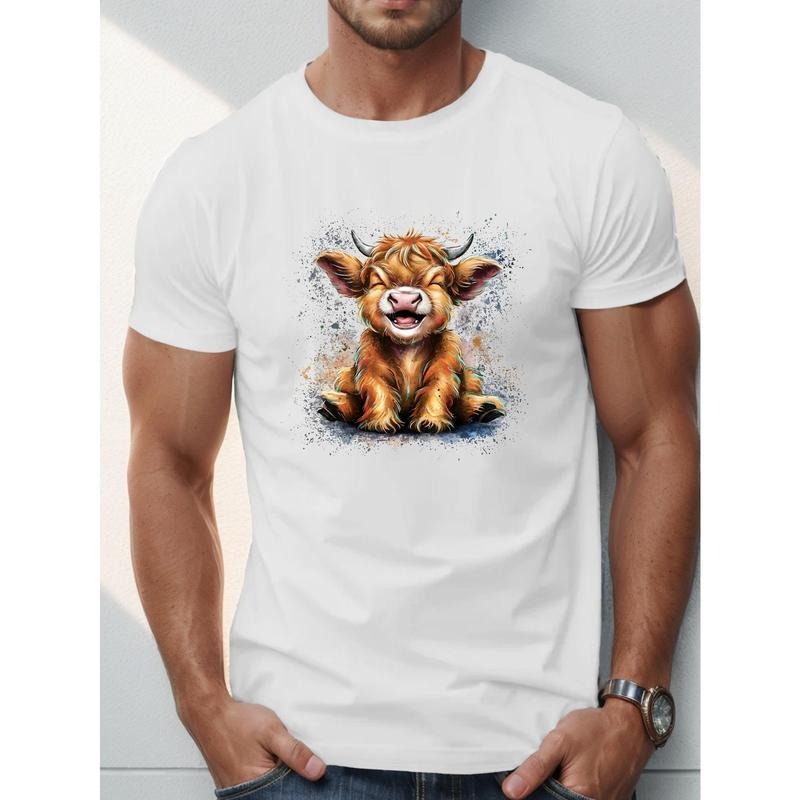 1pc Men'S Summer Casual T-Shirt with Cute Yak Print, Polyester Fabric, Round Neck, Regular Fit, Geometric Pattern Design, Stretchy Top for Adults made in usa