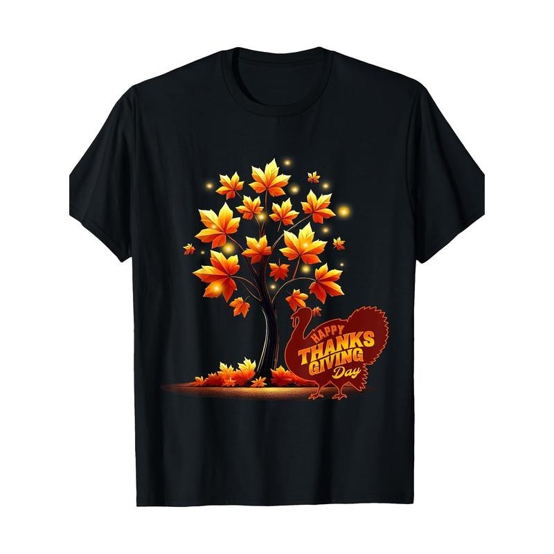 1pc Men'S Thanksgiving T-Shirt - 100% Cotton Casual Crew Neck Tee with Geometric Maple Tree and Turkey Design, Short Sleeve, Regular Fit for All Seasons - 220g made in usa