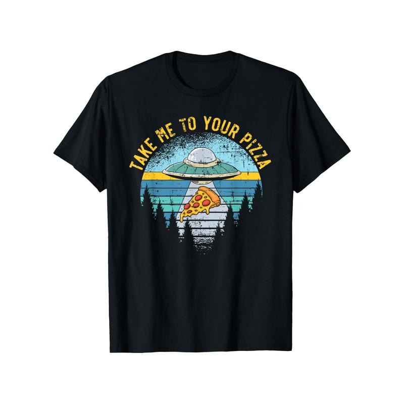 1pc Take Me To Your Pizza Alien UFO Graphic T-Shirt - 100% Cotton, Breathable, Stretch Fit, Round Neck, Short Sleeve, Casual Tee for Men & Women - Perfect for Halloween, Thanksgiving, Christmas - Black made in usa