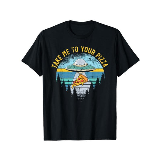 1pc Take Me To Your Pizza Alien UFO Graphic T-Shirt - 100% Cotton, Breathable, Stretch Fit, Round Neck, Short Sleeve, Casual Tee for Men & Women - Perfect for Halloween, Thanksgiving, Christmas - Black made in usa