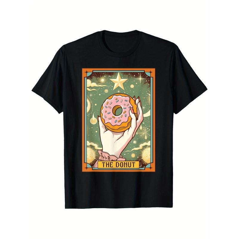 1pc Unisex Cotton Casual T-Shirt with Donut Graphic - Comfortable Round Neck, Printed Design, All-Season, 220Gsm Knit Fabric, Machine Washable - Black made in usa