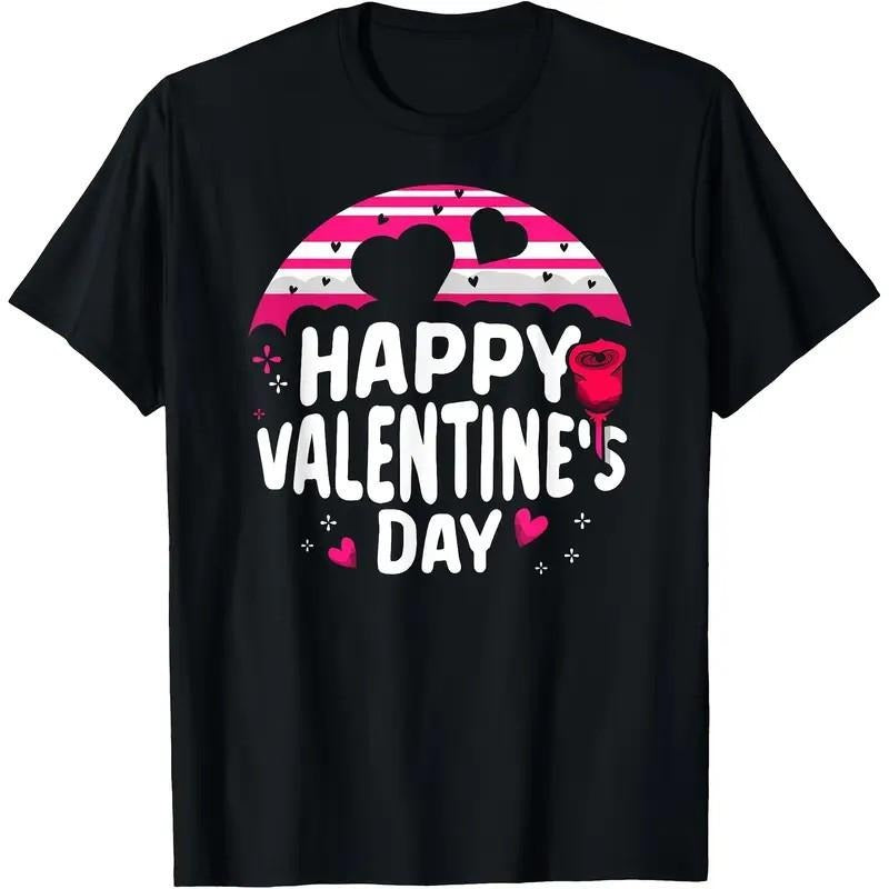 1pc Valentine'S Day Cotton T-Shirt - 100% Knit Fabric, Regular Fit, Short Sleeve, Machine Washable, No Pocket - Geometric Love Pattern Design made in usa