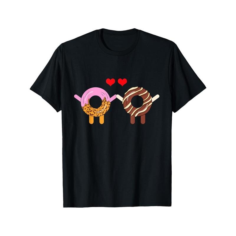 1pc Valentine'S Day Cute Doughnut Couple Print T-Shirt, 100% Cotton, Casual Round Neck Short Sleeve, Breathable & Lightweight, Unisex Gift for Men & Women, Sizes S-XXXL, Black made in usa