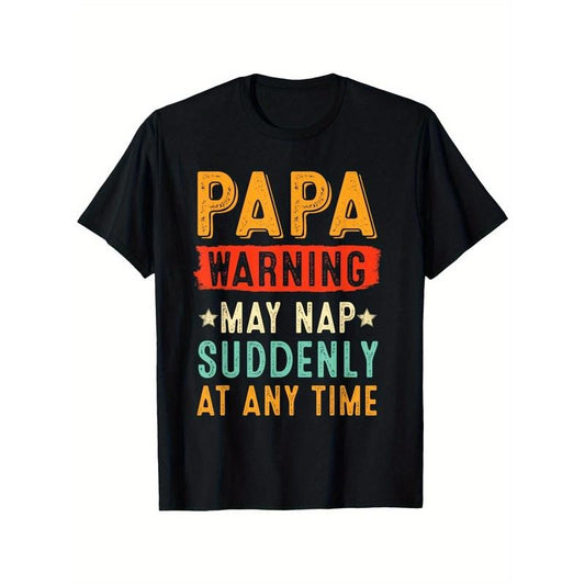 1pc Vintage "Papa Warning May Nap Suddenly" Printed T-Shirt, 100% Cotton, Knit Fabric, Round Neck, Regular Fit, Mature Style, All-Season, Adult Unisex, Black, 220g made in usa