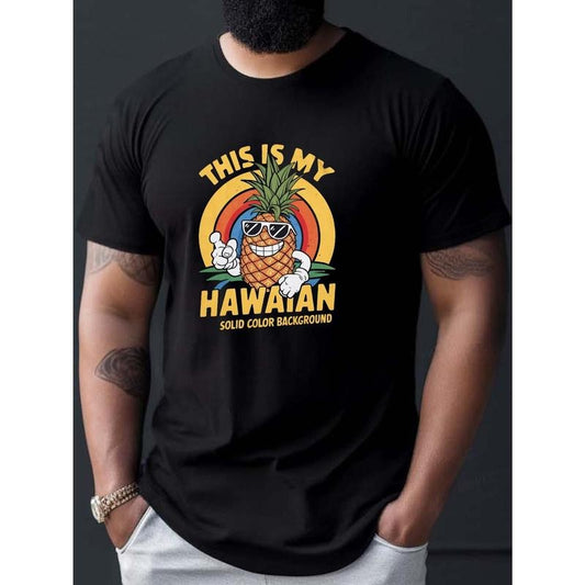 1pc Whimsical Pineapple Hawaiian Print T-Shirt for Men, Casual Round Neck Short Sleeve Summer Tee, Polyester Fabric, Regular Fit made in usa