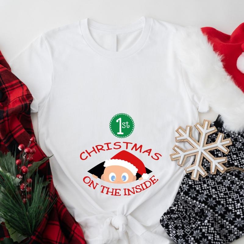 1st Christmas On The Inside T-Shirt, Christmas Baby Announcement Shirt, Santa Pregnant Wife Gift Tee, New Mom To Be Tee, Christmas Maternity Shirt.