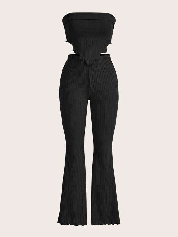 2 Piece Ribbed Knit Tube Top Set Asymmetrical Bandeau and Wide Leg Flare Pant Set OutfitsY2K