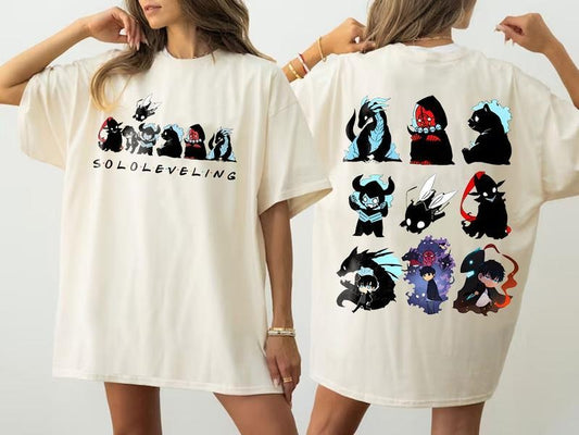 2 Sided Soloo Leveliing x Friends Sung Jin.woo Shadow Monarch Chibi Belliion Be.ru Greed lgris lron Jiima Kaiisel Shadow Giants Tank Tusk Unisex Shirt