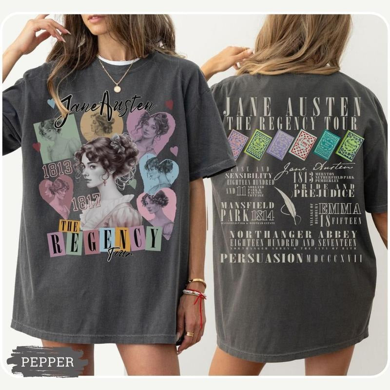 2 Sided, Jane Austen shirt Pride and Prejudice Regency Tour Band Shirt Bookish T-shirt oversized unisex shirt for Book lover