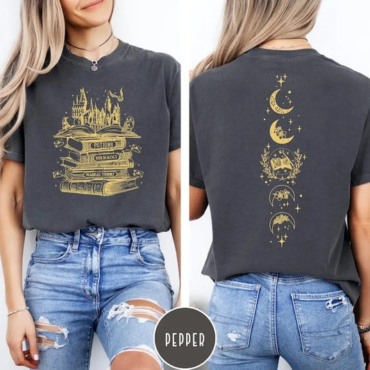 2 Sides, Wizard Castle Book T-shirt, Wizard School Shirts, Universal Shirts, Wizard Tshirt, Reading Bookworm, Crewneck Cotton Shortsleeve Womenswear