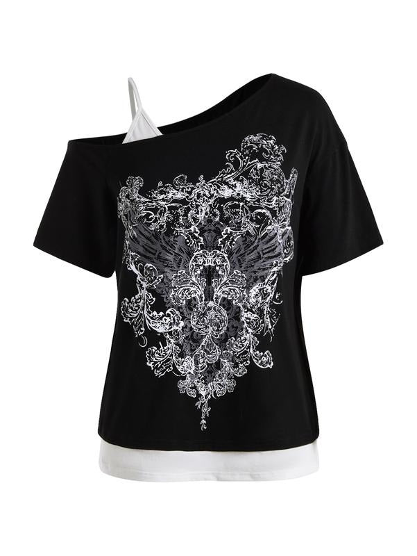 2 in 1 Cold Shoulder Graphic Tees Short Sleeve Goth Y2K T Shirt Fake Two Piece Tops