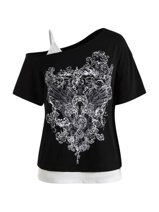 2 in 1 Cold Shoulder Graphic Tees Short Sleeve Goth Y2K T Shirt Fake Two Piece Tops