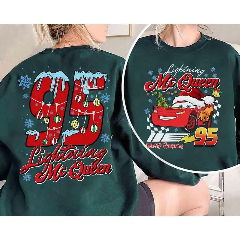 2-sided Lightning McQueen Merry Christmas Sweatshirt, McQueen 95 Piston Cup Sweatshirt, Cartoon Cars Christmas T-Shirt, Cars Land Christmas Giftstyle{n002}2