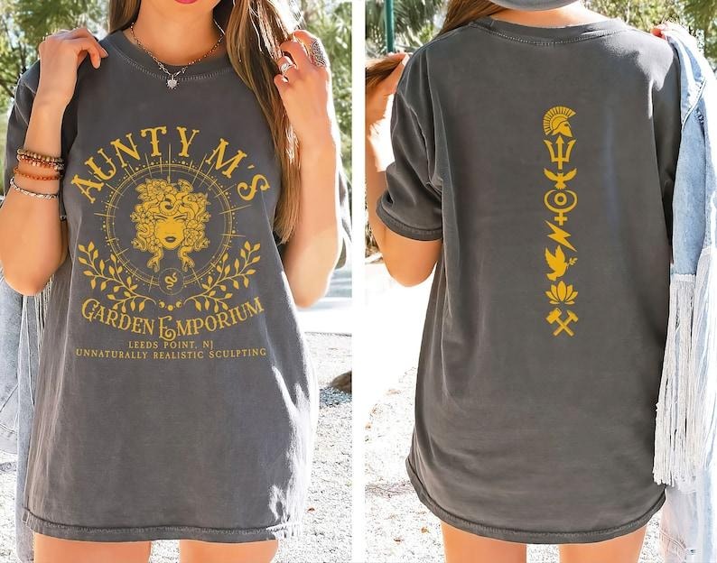 2 slides, Percy Jackson Shirt Aunty Medusa Inspired Shirt, Book Lover Shirt, Rick Riordan Merch, Greek God Mythology Shirts, Camp Half Blood Tshirt Cotton Shortsleeve Tshirt