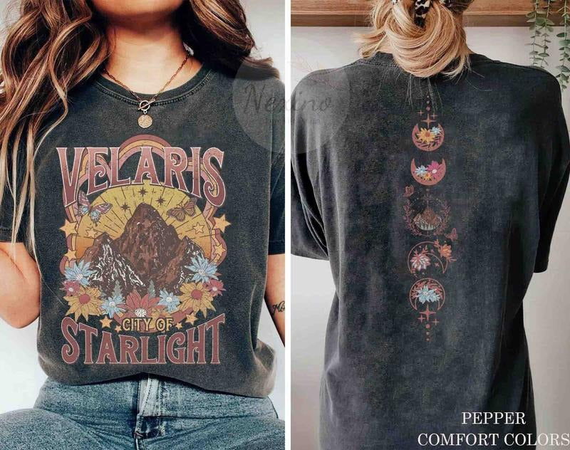 2 slides, Velaris City Of Starlight ACOTAR Two-Sided tshirt, Court of Dreams, The Night Court Shirt, Rhysand, Cassian, Sarah J Maas, Booklover Tee