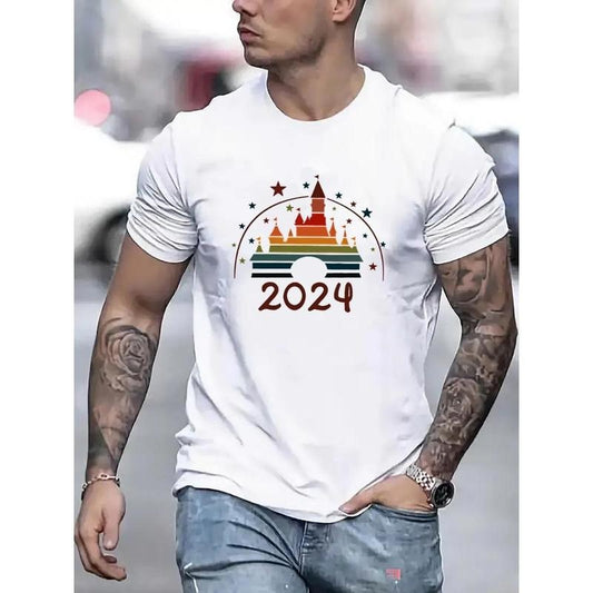 2024 Castle Print Relaxed Fit Men's Round Neck Short-Sleeve Casual T-Shirt - Soft, Breathable, Lightweight, Comfortable Summer Top for Outdoor Activities - Castle-Themed Graphic Tee for Vacation, Travel, or Everyday Wear Made in USA