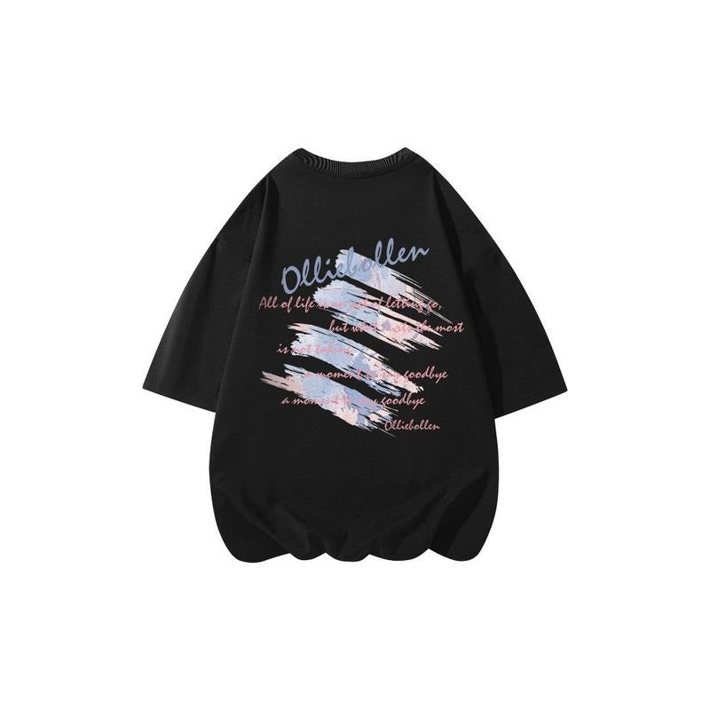 2025 American High Street Hand-Painted Graffiti Letter Printing Loose Shoulder round Neck Heavy Short Sleeve T-shirt