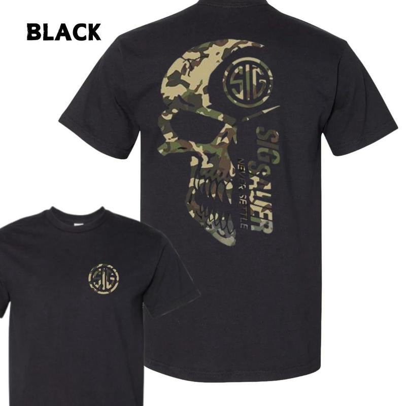 2025 Summer Men's Camo With Sig Sauer Never Settle T-shirt - Sig Sauer Lover Gift Nature Hunting Enthusiast Gift For Men And Women Dad Cotton