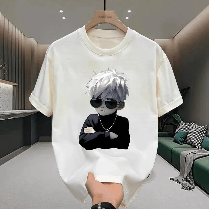 2025 Summer Men's T-Shirt Loose Round Neck Top Ins Trendy Casual Versatile Japanese Style Printed Short Sleeve