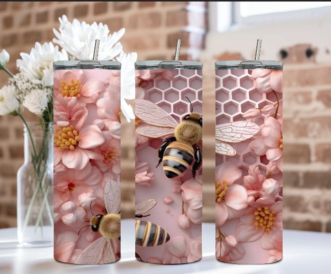 3D Bee Pink Tumbler Stainless Skinny Drinkware