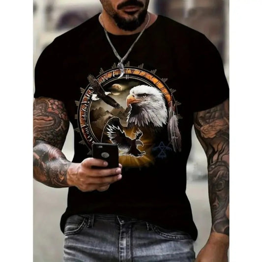 3D Eagle Print Men's Trendy Color Block Short Sleeve Crew Neck T-shirt, Summer Outdoor Made in USA