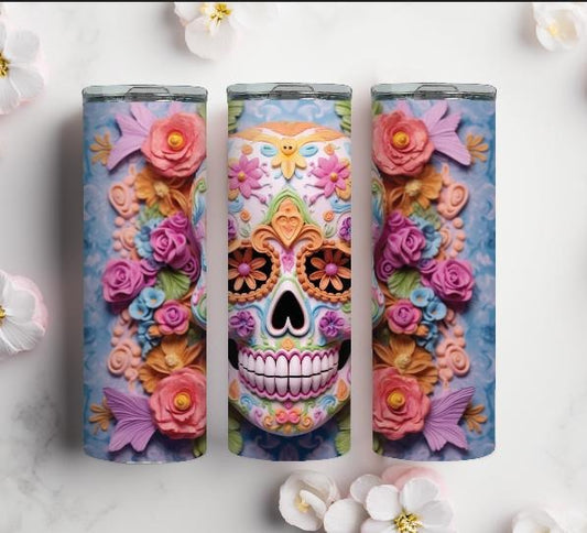 3D Sugar Skull Tumbler - 3D Design with Colorful Floral Accents, Stainless Steel Lid, Perfect for Drinkware and Flasks