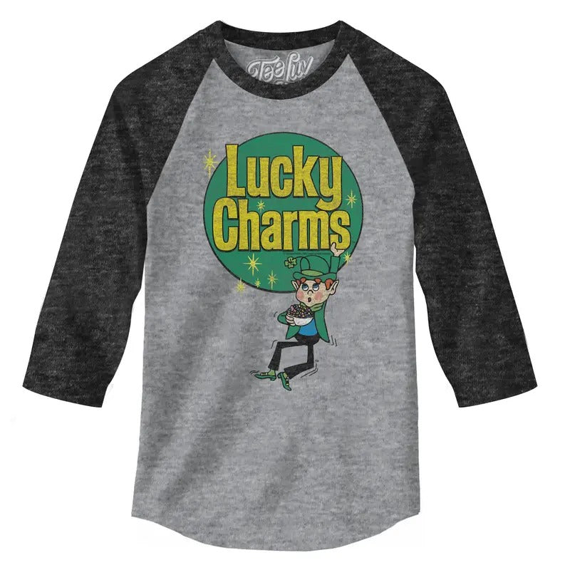 Lucky Charms Retro Logo 3/4 Sleeve Raglan Jersey T-Shirt - Gray and Black