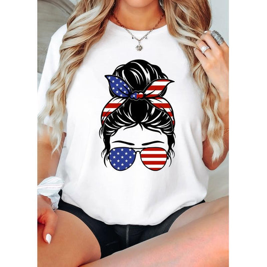 4th Of July Messy Hair Shirt, American Tee For Girl, Independence Day Tee, American Flag T-shirt, Patriotic Shirt For Mom, USA Gift Shirt For Mama.  4 th shirts