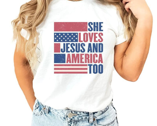 4th Of July Shirt, She Loves Jesus And America Too, Happy 4th Of July Shirt, Jesus Independence Day, Unisex T-Shirt, Gifts For Women Men, Short Sleeve Tee Shirt, Gifts For Birthday Fathers Day