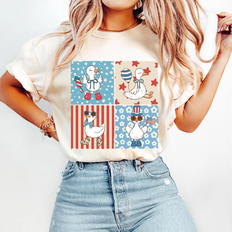 4th of July Goose Shirt, Patriotic Goose Tee, America Coquette Shirt, Memorial Day, Funny USA, Retro Checkered