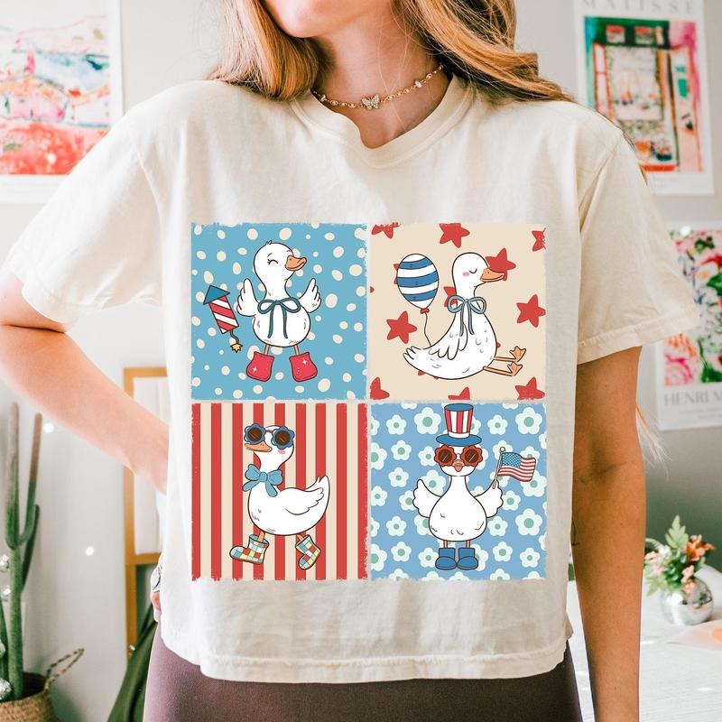 4th of July Patriotic Goose Cute Shirt, America Coquette Bow Memorial Day Tee, Funny USA Checkered Goose Design Shirt