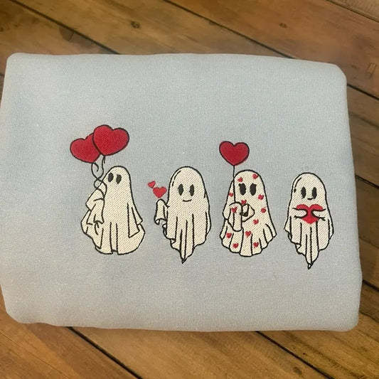 4valentines ghost embroidered sweatshirt or tshirt, cute sweatshirts, Valentine's Day shirts. Cotton Unisex Womenswear Fleece Comfort