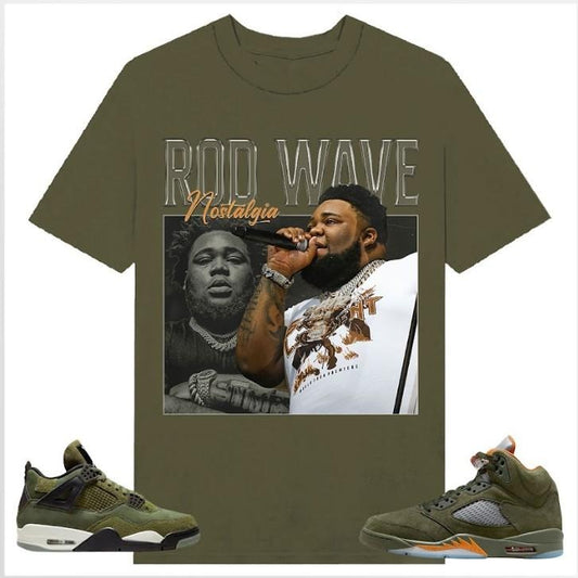 90s Rod Wave, Shirt to match A J 4 Retro SE Craft Medium Olive, A J 5 olive, Shirt to matching Sneaker