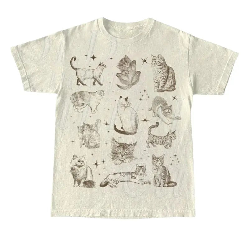 90s Tattoo Cat Tshirt, Retro Kitten Nature Shirt, Cat Lovers Gift, Cats In Space Unisex Relaxed Tee, Funny Gifts Top Menswear Streetwear